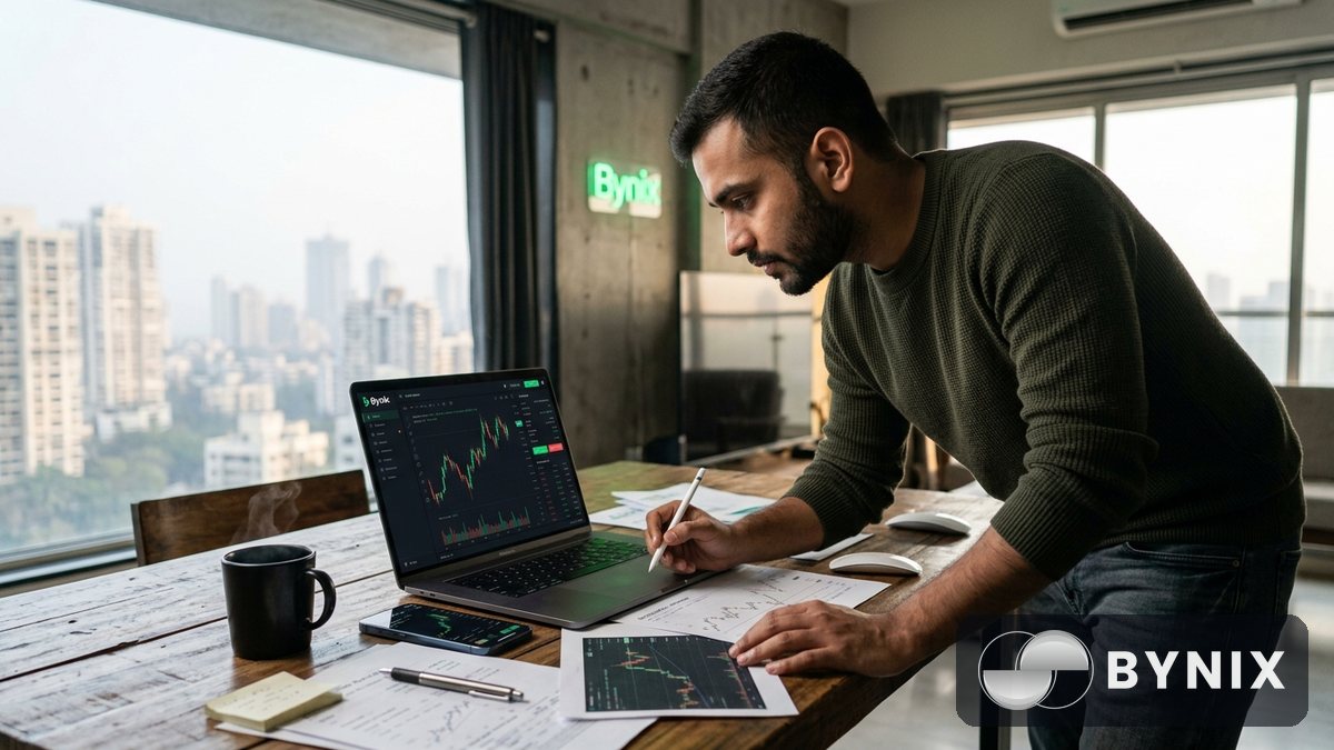 Bynix Funded Challenge के नियम समझते हुए trader का डेस्क और chart setup