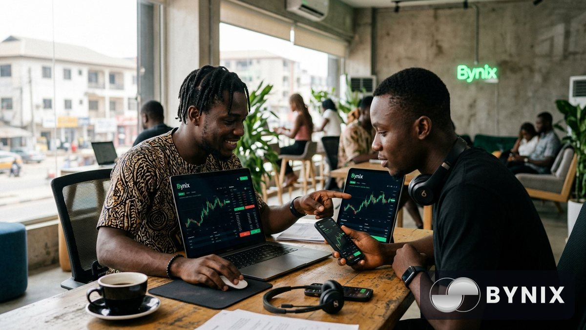 Trader dey use phone check Bynix for funded challenge inside cafe