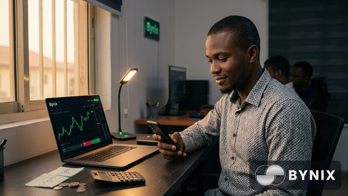 Two traders dey plan risk management with Bynix app for table