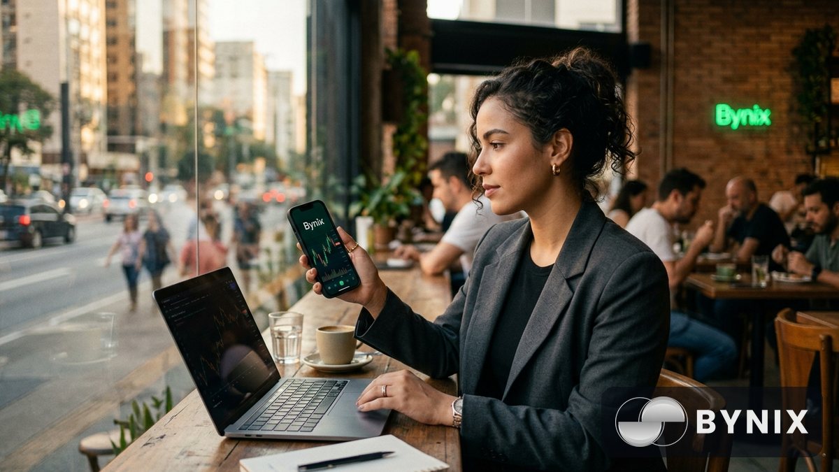 Mulher analisando gráfico em um smartphone com app de trading escuro e logo Bynix verde em um café urbano