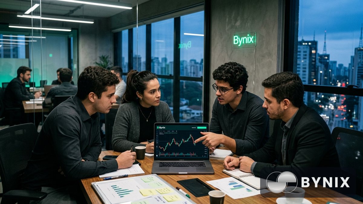 Equipe pequena em sala de reunião com laptop exibindo app de trading escuro e logo Bynix verde durante análise de desafio financiado