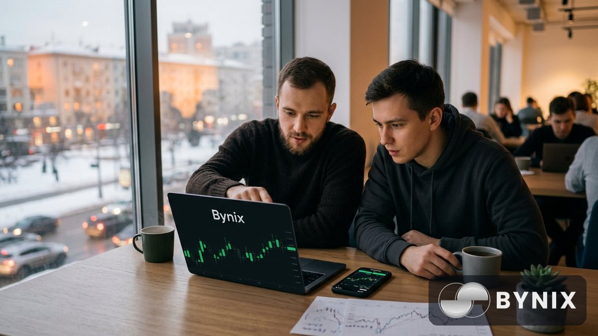 Трейдер изучает правила Bynix Funded Challenge на ноутбуке