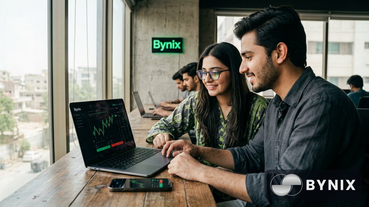 Bynix funded challenge کے لیے team setup کا منظر جس میں laptop اور phone پر dark app کھلی ہو