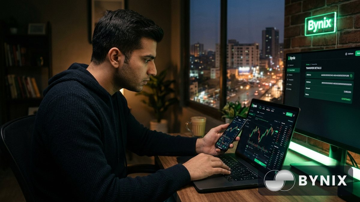 کمرے میں study desk پر mobile اور laptop کے ساتھ Bynix trading app کا close-up منظر
