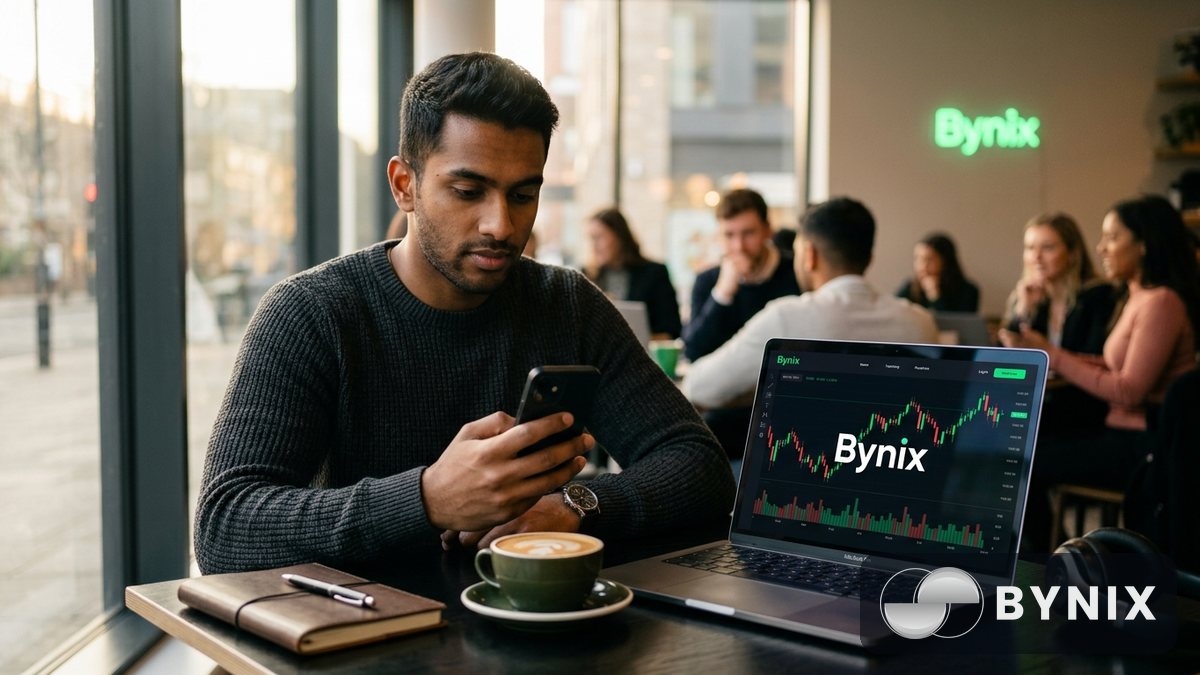 User funding a Bynix account with a phone and laptop in a cafe, showing a dark trading app with the green Bynix logo.