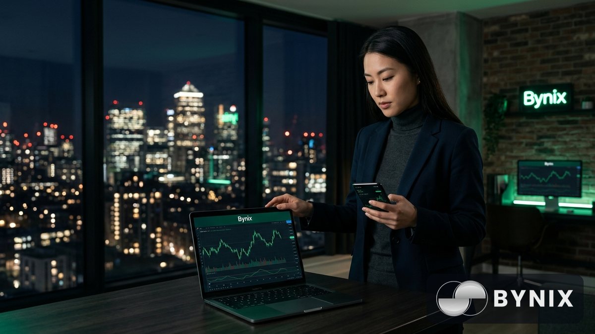 A trader checking Bynix deposit status on a laptop and phone with a dark app and green Bynix logo in a city apartment.