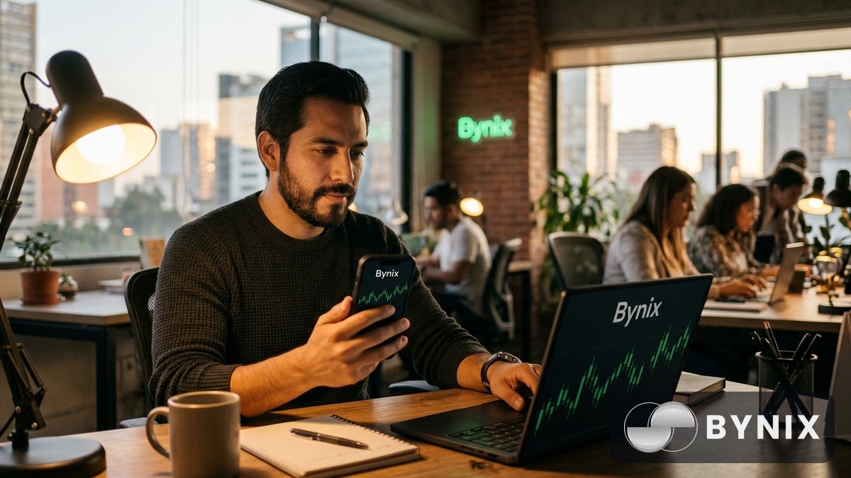 Usuario revisando la red de depósito en un móvil antes de enviar USDT a Bynix, en un café luminoso y urbano.