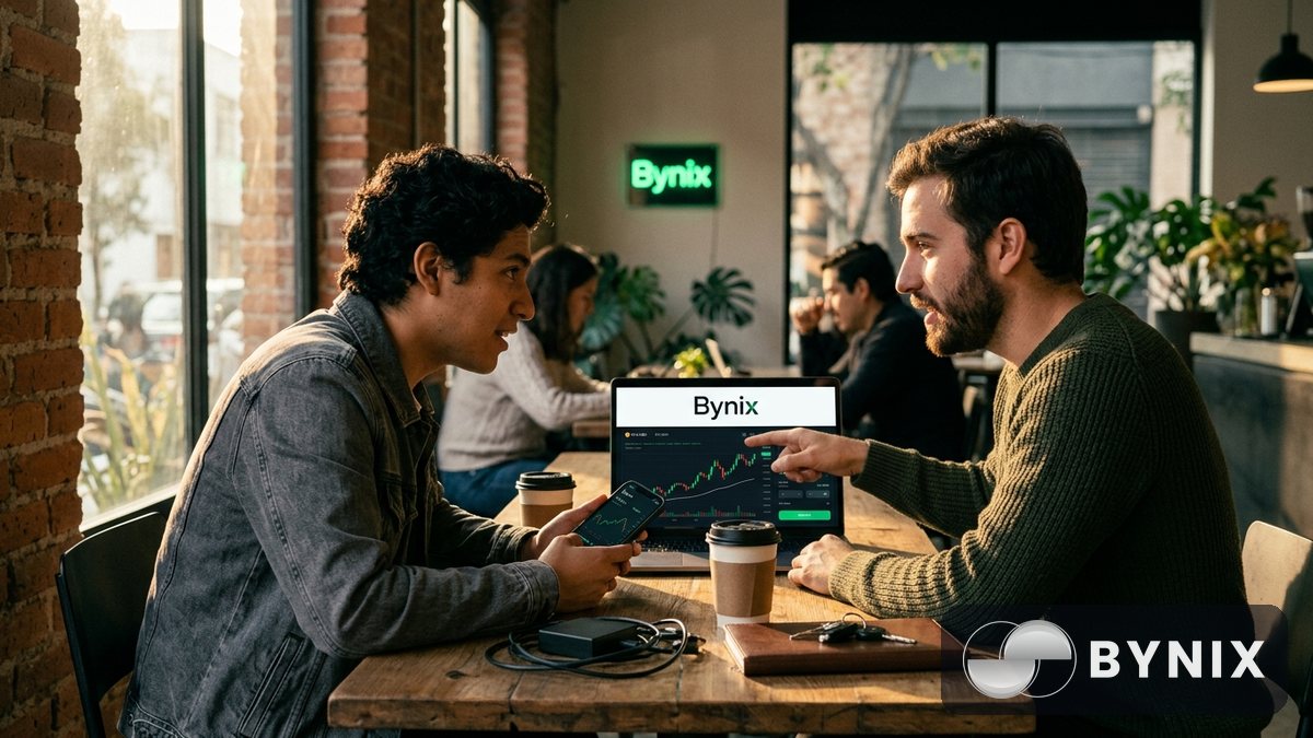 Trader latinoamericano usando un portátil con la plataforma Bynix abierta para confirmar un depósito y activar el bono de bienvenida.