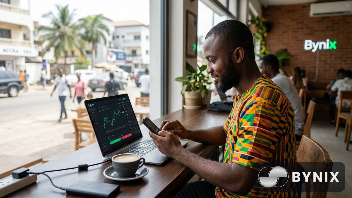 Person dey hold phone and laptop with dark Bynix app, green logo clear, as dem dey prepare USDT deposit for desk for evening light.