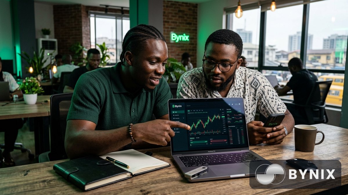 Two traders for cafe dey check Bynix on laptop and phone, dark app and green logo show clear, with payment and chart screens.