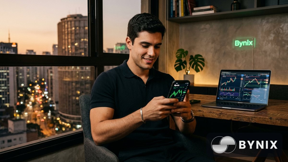 Pessoa segurando celular com o app da Bynix aberto enquanto faz depósito em criptomoeda, com notebook ao fundo e ambiente urbano ao entardecer.