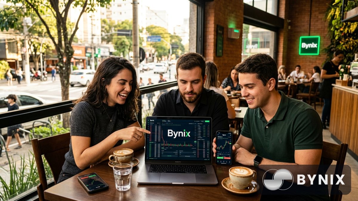 Grupo pequeno analisando gráficos em um café, com laptop exibindo a plataforma escura da Bynix e o logo verde visível na tela.