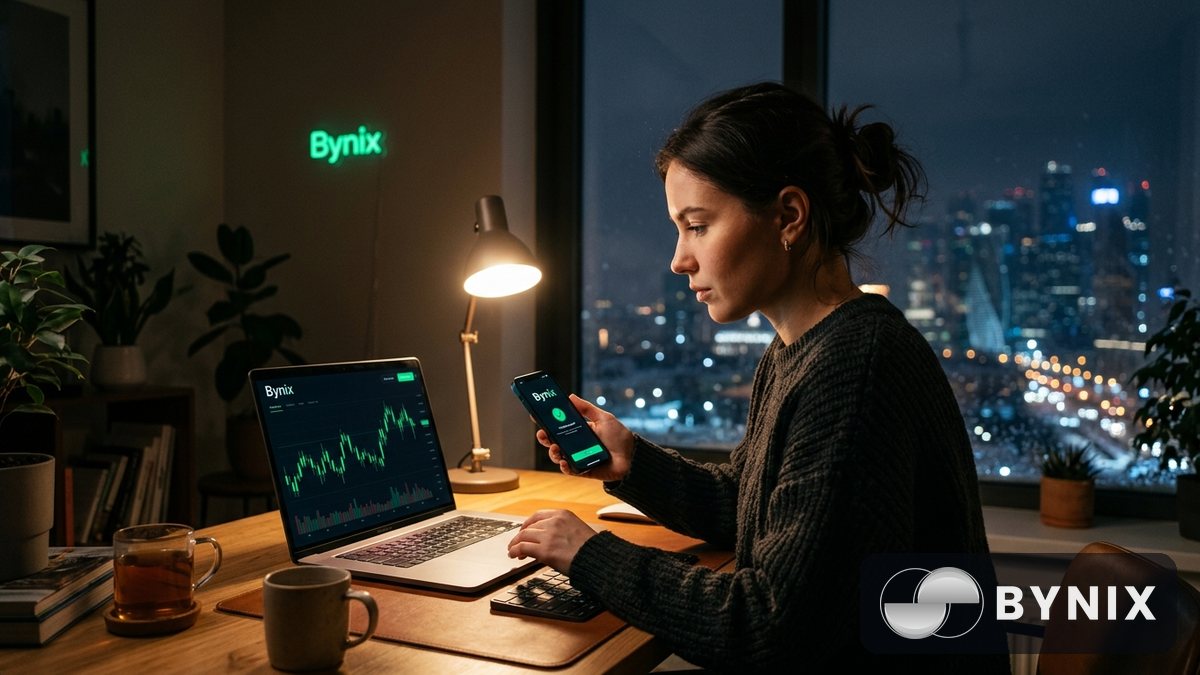 Торговый экран Bynix на ноутбуке и смартфоне рядом с человеком, который проверяет перевод USDT в спокойной домашней обстановке.
