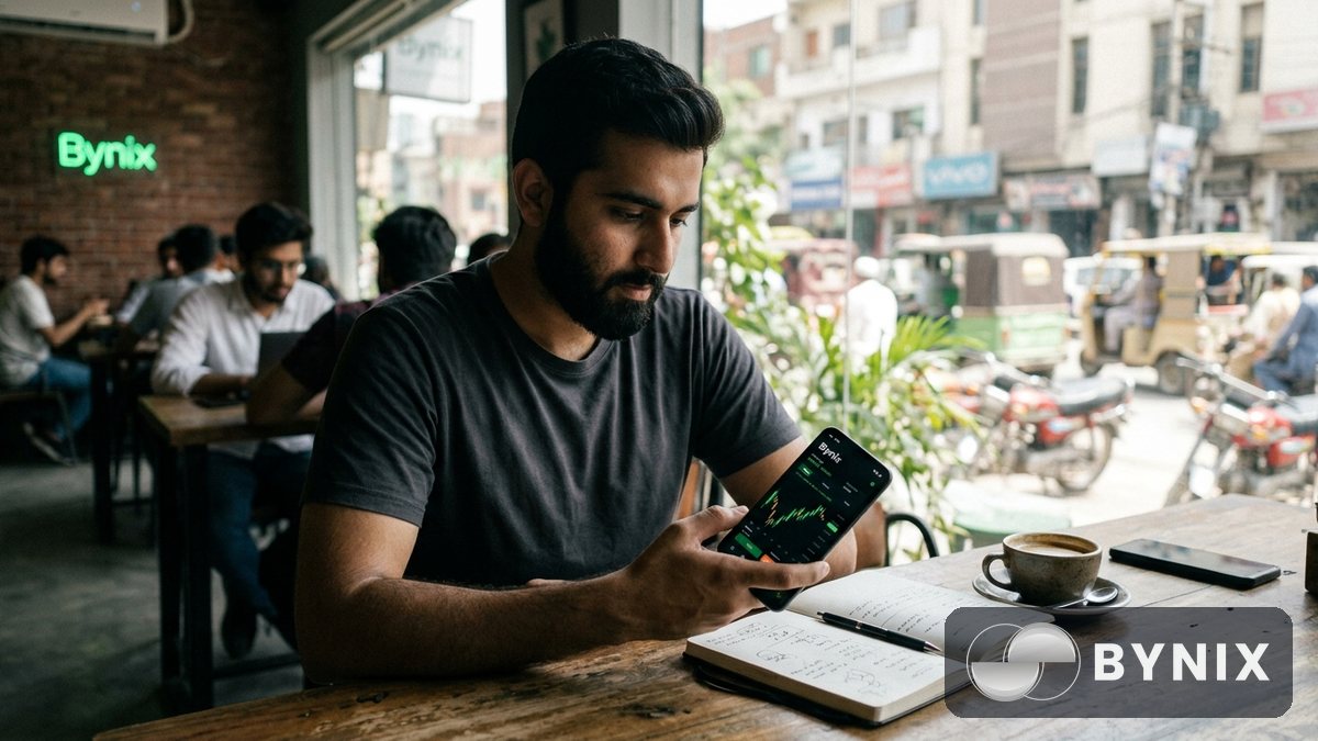Bynix deposit گائیڈ کے لیے ایک شخص اپنے فون پر USDT transfer کرتے ہوئے، میز پر نوٹ بک اور earphones کے ساتھ، اسکرین پر سبز Bynix logo واضح، شام کی warm light۔