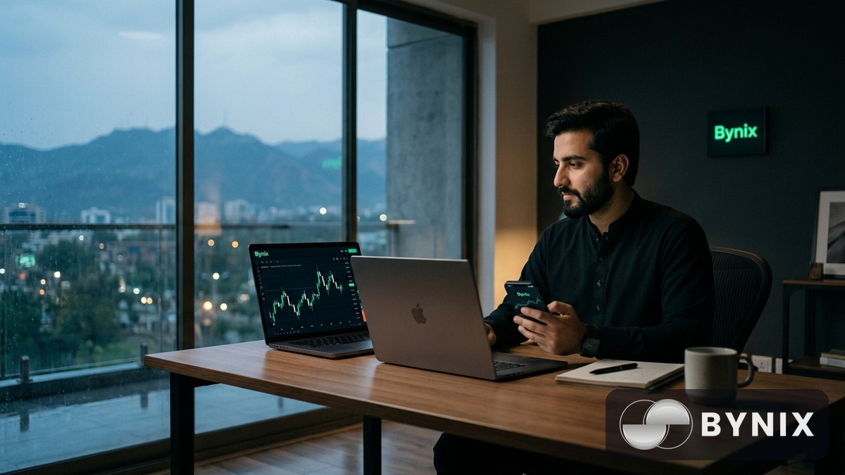 ایک جدید coworking space میں پاکستانی خاتون trader laptop اور فون کے ساتھ، اسکرین پر dark app اور سبز Bynix logo روشن، پس منظر میں city lights۔