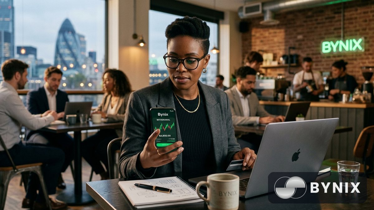 Trader checking a Bynix withdrawal request on a phone in a city cafe