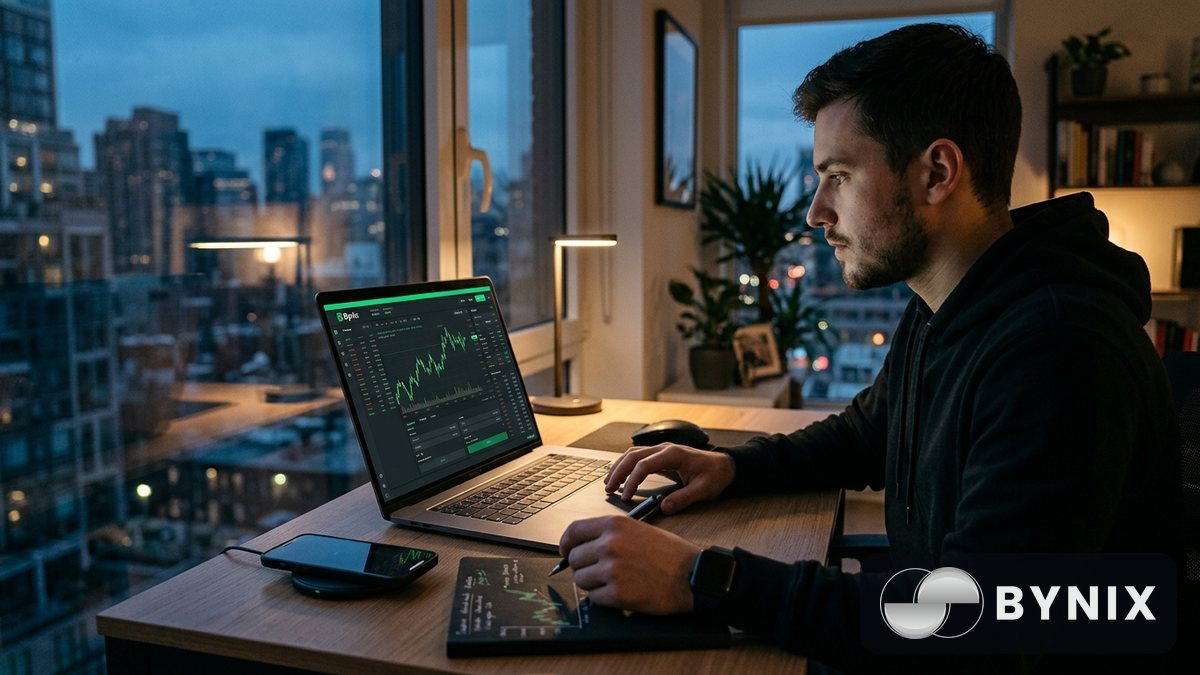 Team member verifying a Bynix payout on a laptop in an evening office setting