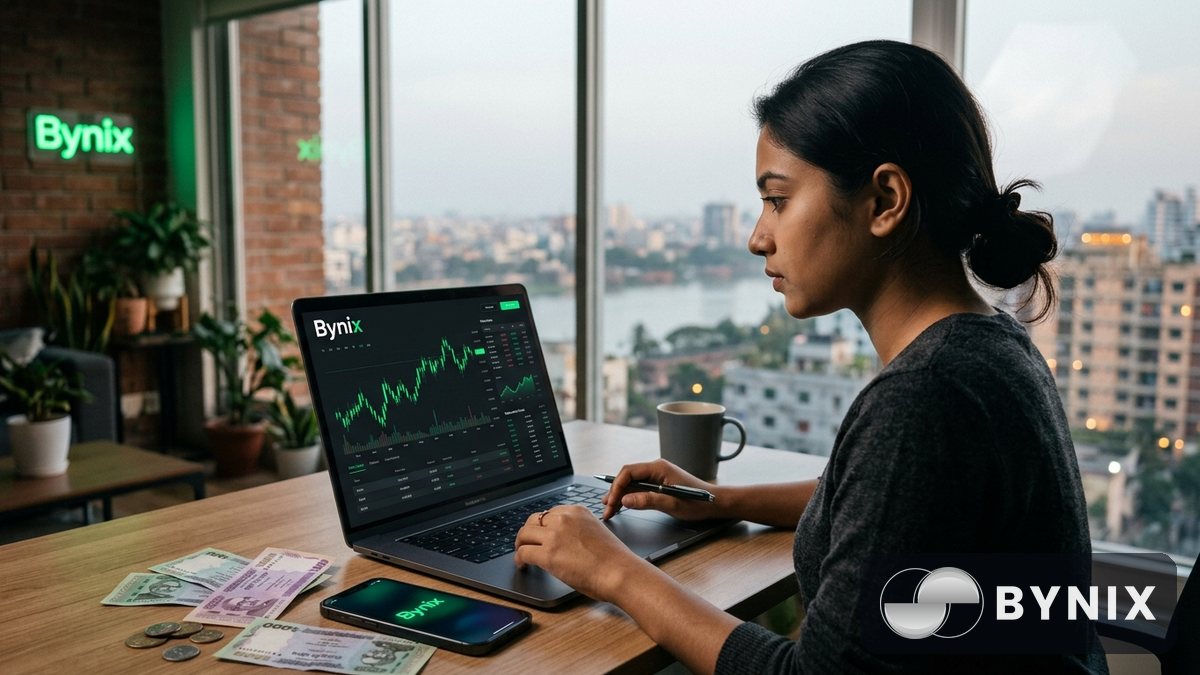 একজন তরুণী ল্যাপটপে Bynix withdrawal dashboard দেখছে, টেবিলে ফোন, কফি আর বাংলাদেশি টাকার নোট, গাঢ় অ্যাপে সবুজ Bynix logo পরিষ্কার।