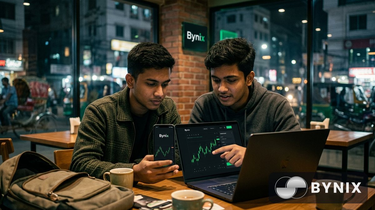 দুইজন বন্ধু রাতে ক্যাফেতে ফোন ও ল্যাপটপে Bynix withdrawal process মিলিয়ে দেখছে, স্ক্রিনে গাঢ় অ্যাপ আর সবুজ Bynix logo দৃশ্যমান।