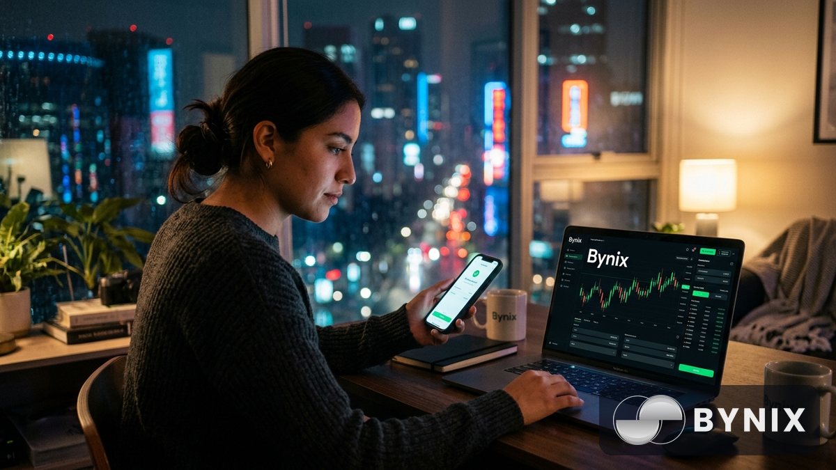 Usuario consultando un retiro en el móvil con la app oscura de Bynix y logo verde visible, en un café urbano luminoso.