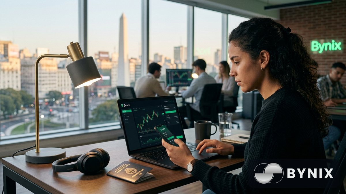Pareja de traders frente a un portátil con plataforma oscura de Bynix y logo verde visible, ambiente nocturno y pantallas luminosas.