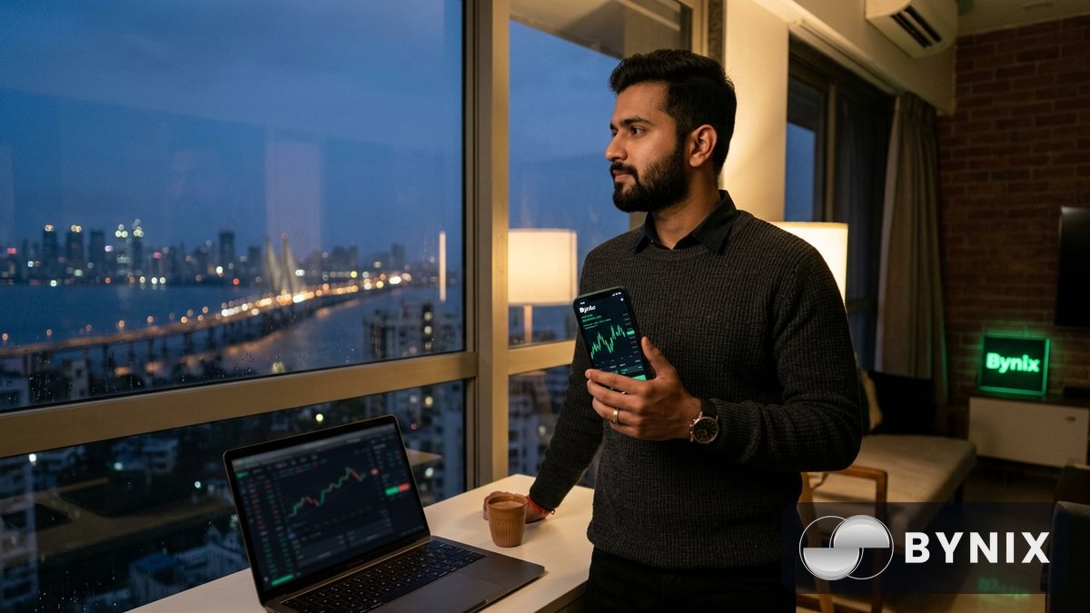 एक युवा महिला trader café जैसे माहौल में phone से withdrawal request check कर रही है, पास में laptop, कॉफी कप और dark trading app पर green Bynix logo साफ दिख रहा है.