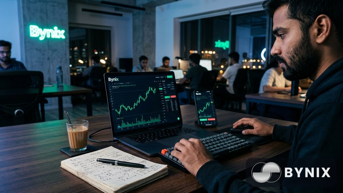 एक trader team workspace में large monitor और laptop पर Bynix withdrawal confirmation देख रही है, हाथ में phone है और dark trading app में green Bynix logo स्पष्ट है.