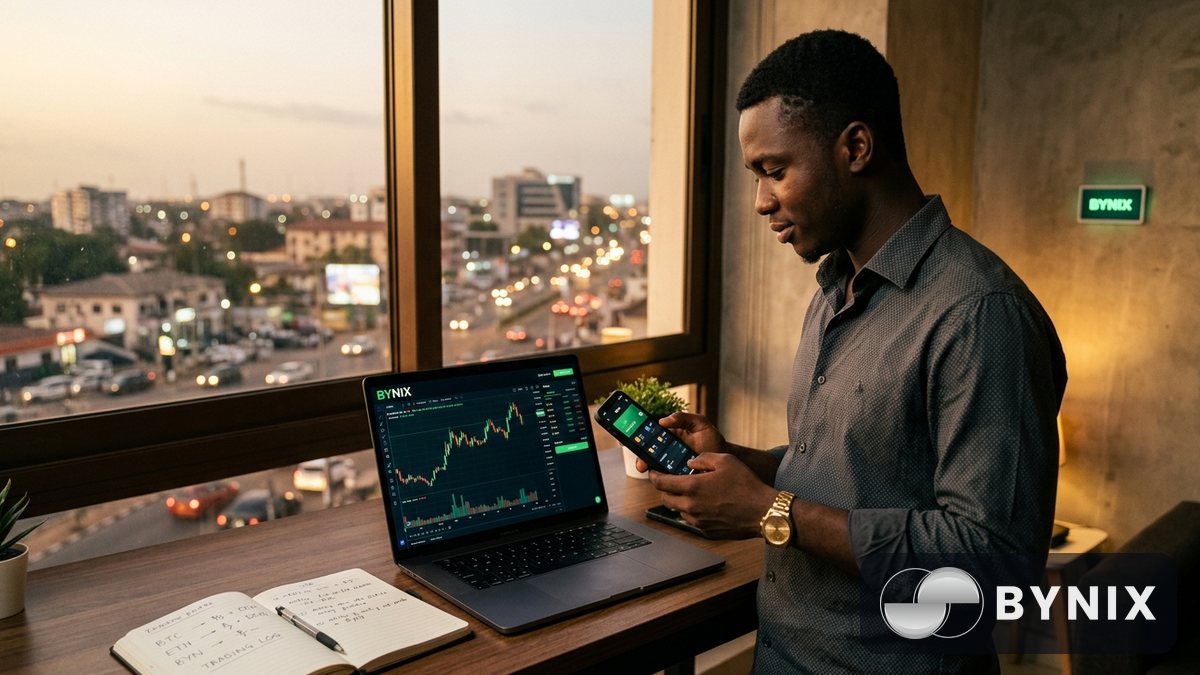 Two friends for Accra cafe dey check withdrawal on phone, dark trading app with green Bynix logo dey show, soft daylight and coffee cup for table.