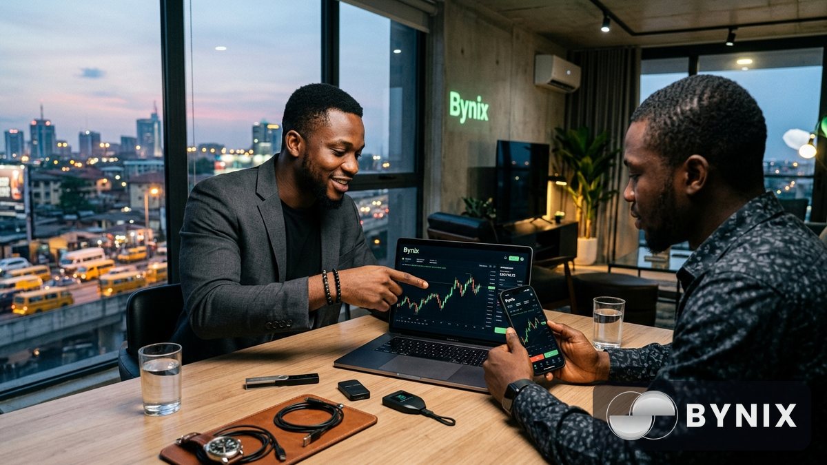 Trader for home office dey confirm withdrawal for laptop, dark app with green Bynix logo dey visible, desk light dey glow for night.