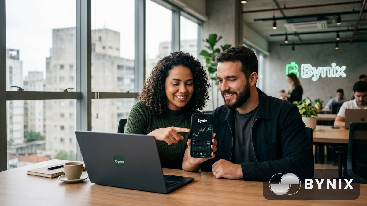 Casal em escritório moderno conferindo saque no app Bynix em um smartphone com tela escura, logo verde Bynix visível, com clima profissional e luz suave.