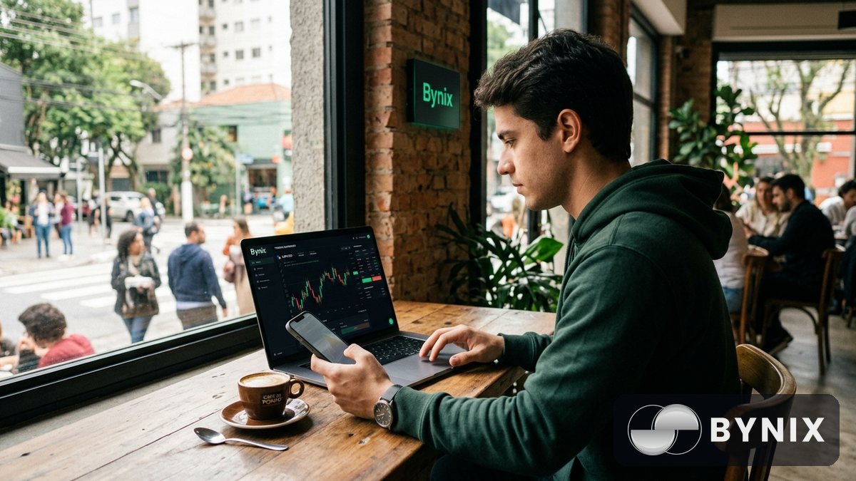 Pessoa em café no Brasil acompanhando saque no notebook com app escuro e logo verde Bynix, celular na mão e luz natural entrando pela janela.