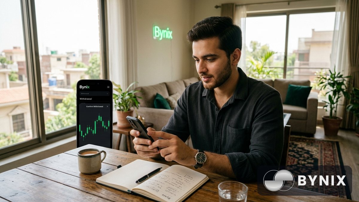 Bynix withdrawal اسکرین کے ساتھ لیپ ٹاپ اور فون پر کام کرتا ہوا ٹریڈر