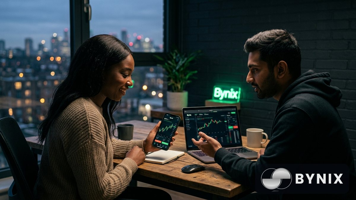 Two friends in a casual workspace reviewing charts on a smartphone and laptop with a dark Bynix app and green Bynix logo clearly visible, evening city light through the window, collaborative mood.