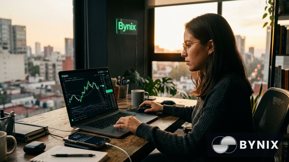 Un trader revisando gráficos en un portátil mientras sostiene el teléfono, con la app oscura de Bynix y el logo verde visible en un entorno doméstico nocturno.