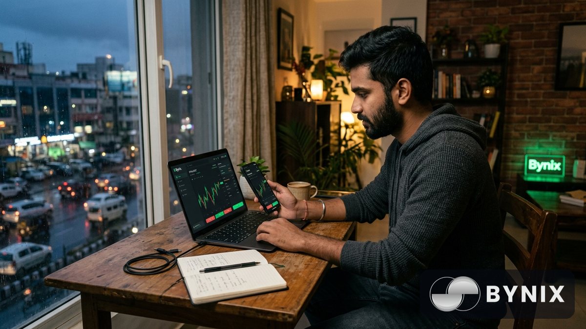 दूसरे-thirds सेक्शन के लिए KYC और demo trading का दृश्य