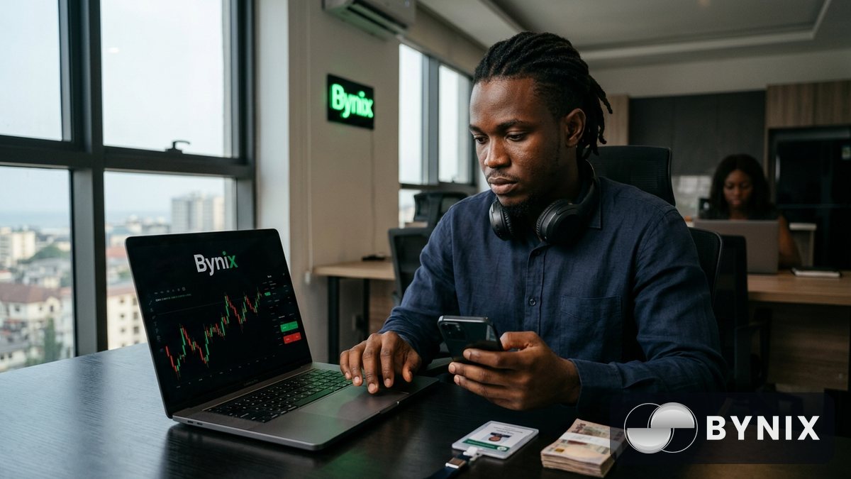 Trader dey do KYC on laptop and phone with Bynix logo clear for screen