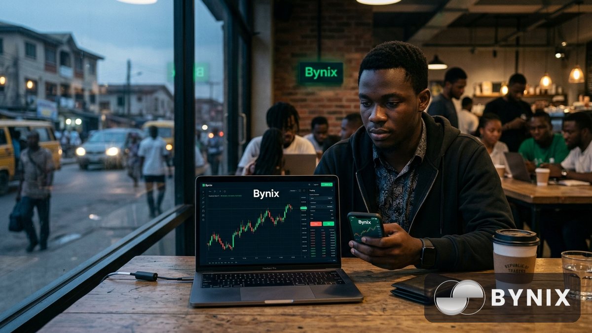 Friends dey learn demo trading with Bynix app for phone and laptop