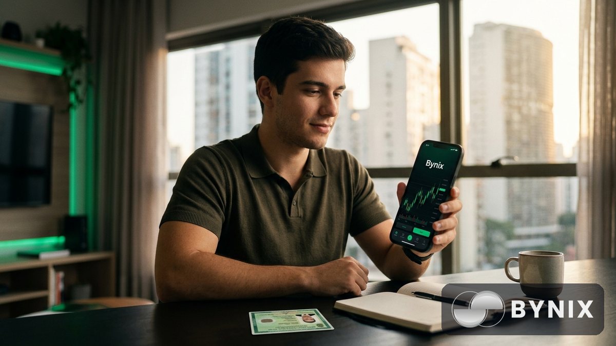 Pessoa conferindo cadastro e selfie no celular com app de trading escuro e logotipo verde Bynix visível, em ambiente interno iluminado.