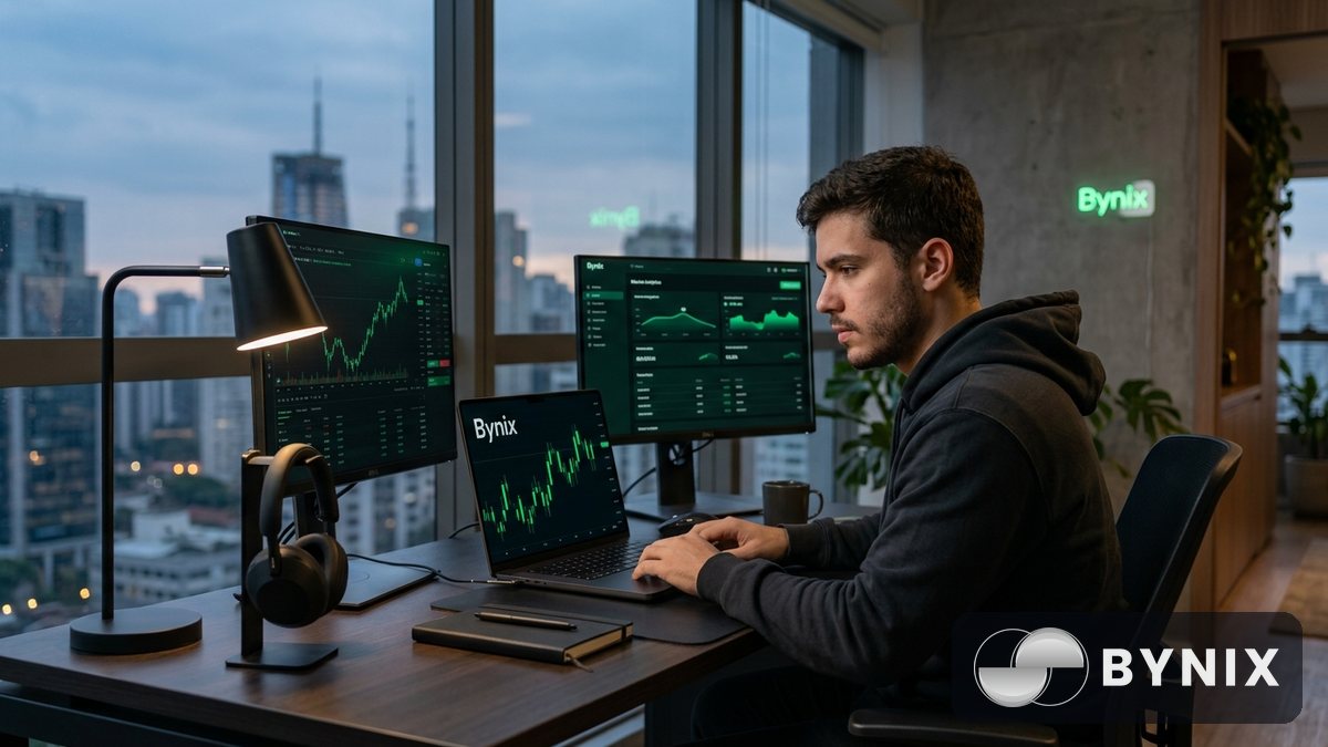Pessoa operando no notebook com gráfico em app escuro e logotipo verde Bynix claramente visível, em mesa com clima de foco e tecnologia.