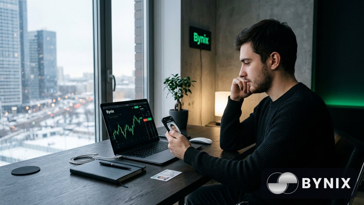 Верификация и безопасность: трейдер делает селфи для KYC рядом с ноутбуком, на экране тёмный Bynix-терминал с зелёным логотипом, чистый минималистичный интерьер и яркий боковой свет.
