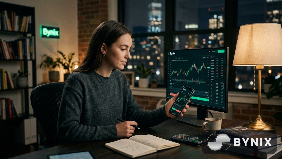 Small business-style trading scene with a phone showing the Bynix app and charts on a monitor, dark interface with green Bynix logo, indoor evening light.