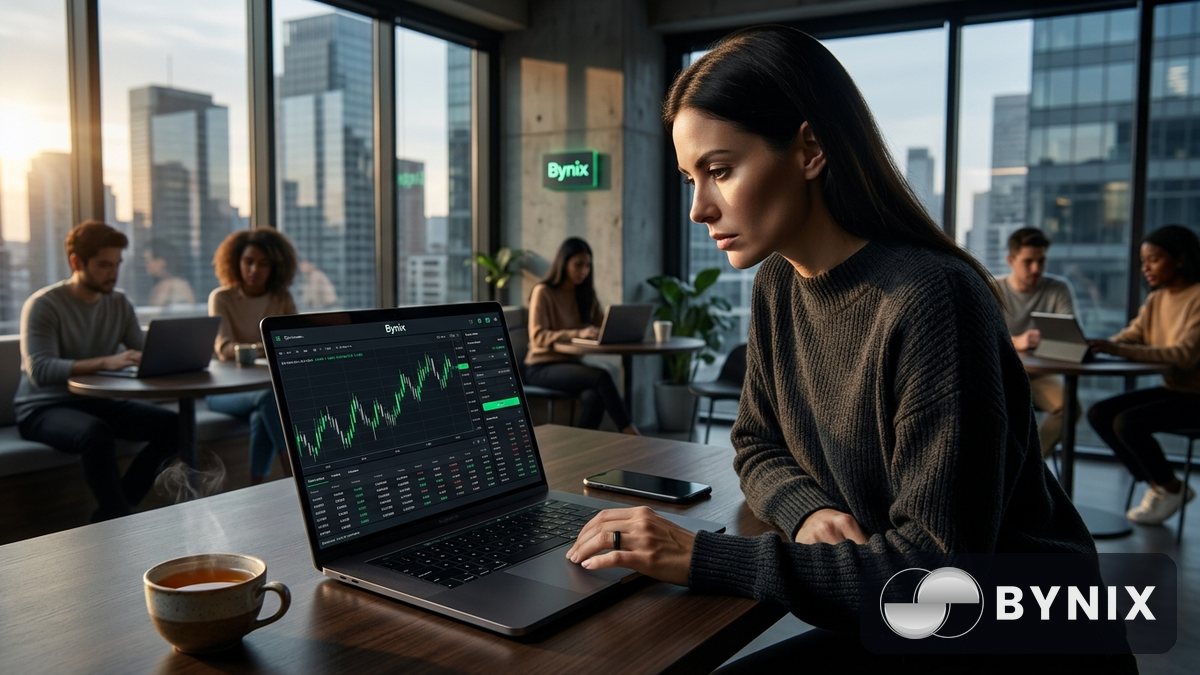 Trader using a laptop with dark Bynix terminal and trade history visible, phone on the table, modern workspace, dramatic side light.