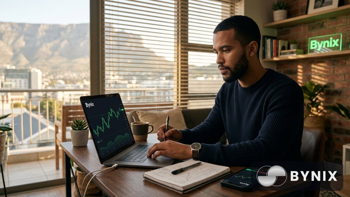 ’n Handelaarsessie by die werk met ’n foon wat die Bynix app wys en ’n donker handelskerm op die laptop, met ’n pen, risk journal en sagte kantoorlig.