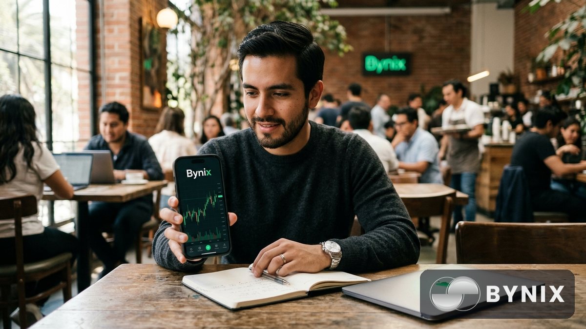 Dos personas analizando el control del riesgo en una tablet con la app de trading oscura y el logo verde de Bynix visible, en una cafetería urbana con luz cálida.