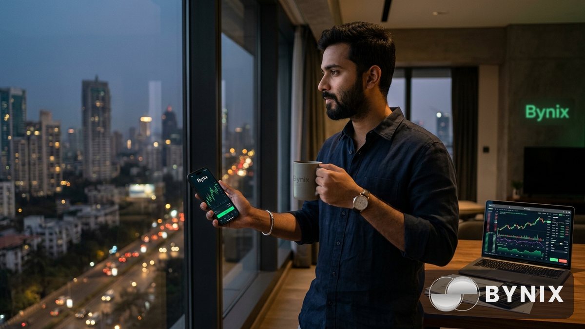 डेमो अकाउंट के साथ प्रैक्टिस करते हुए फोन पर Bynix ट्रेडिंग ऐप