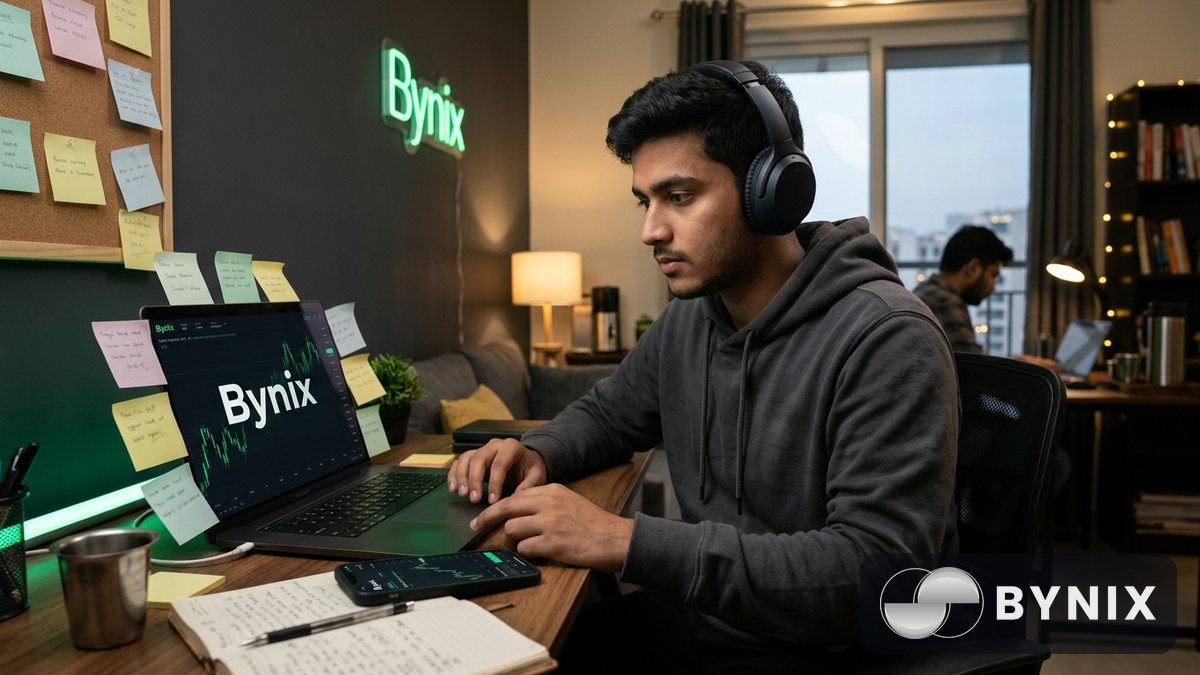 रात के समय ट्रेडिंग जर्नल और लैपटॉप पर Bynix ऐप देखते हुए व्यक्ति