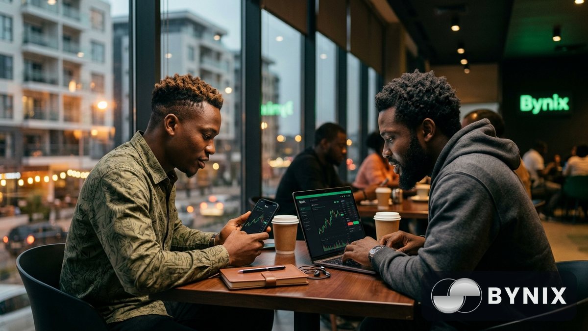 Trader for Accra desk dey check phone with dark trading app and green Bynix logo beside notebook and calculator
