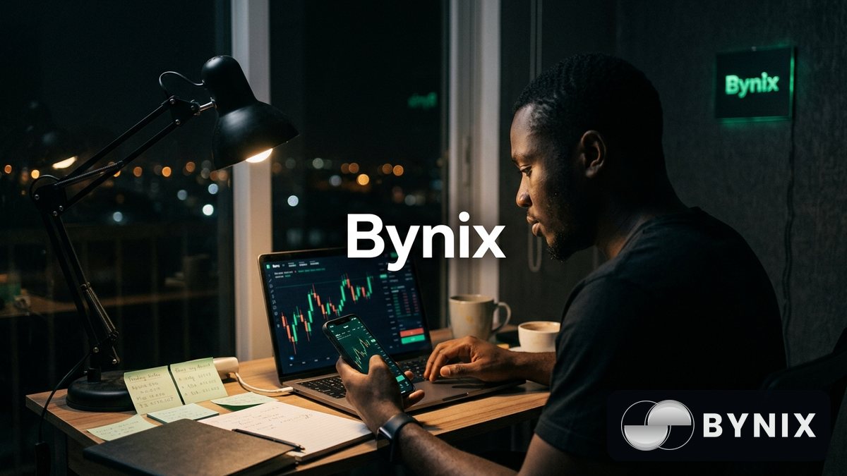 Hands with smartphone and laptop dey show dark trading app with green Bynix logo during late-night crypto trading