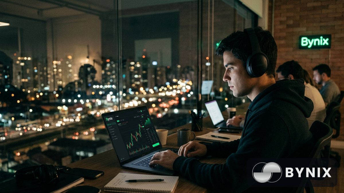 Trabalhador em frente ao notebook com app escuro da Bynix e logo verde Bynix visível, ambiente urbano ao fundo, fones de ouvido e clima noturno de concentração.