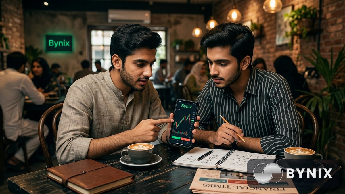 دو دوست فون پر Bynix trading app کے ساتھ risk rules review کر رہے ہیں، اسکرین پر سبز Bynix logo واضح ہے، پس منظر میں café اور پاکستان کا شہری ماحول ہے۔